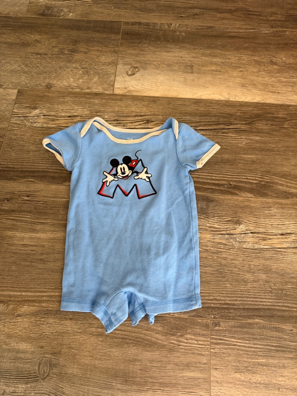 Disney Light Blue Mickey Mouse Short Sleeve Footie with‎ Cream Trim